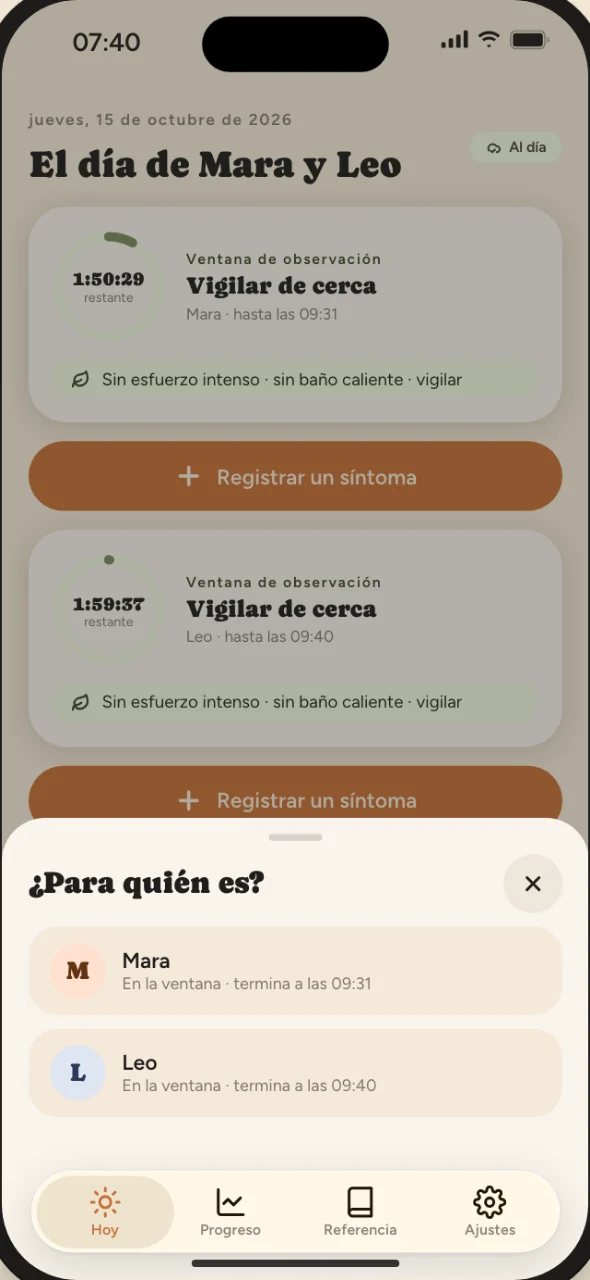 El día de Mara y Leo a las 07:40, los dos niños en su ventana de observación, con la hoja «¿Para quién es?», que muestra a Mara, en la ventana hasta las 09:31, y a Leo, en la ventana hasta las 09:40.