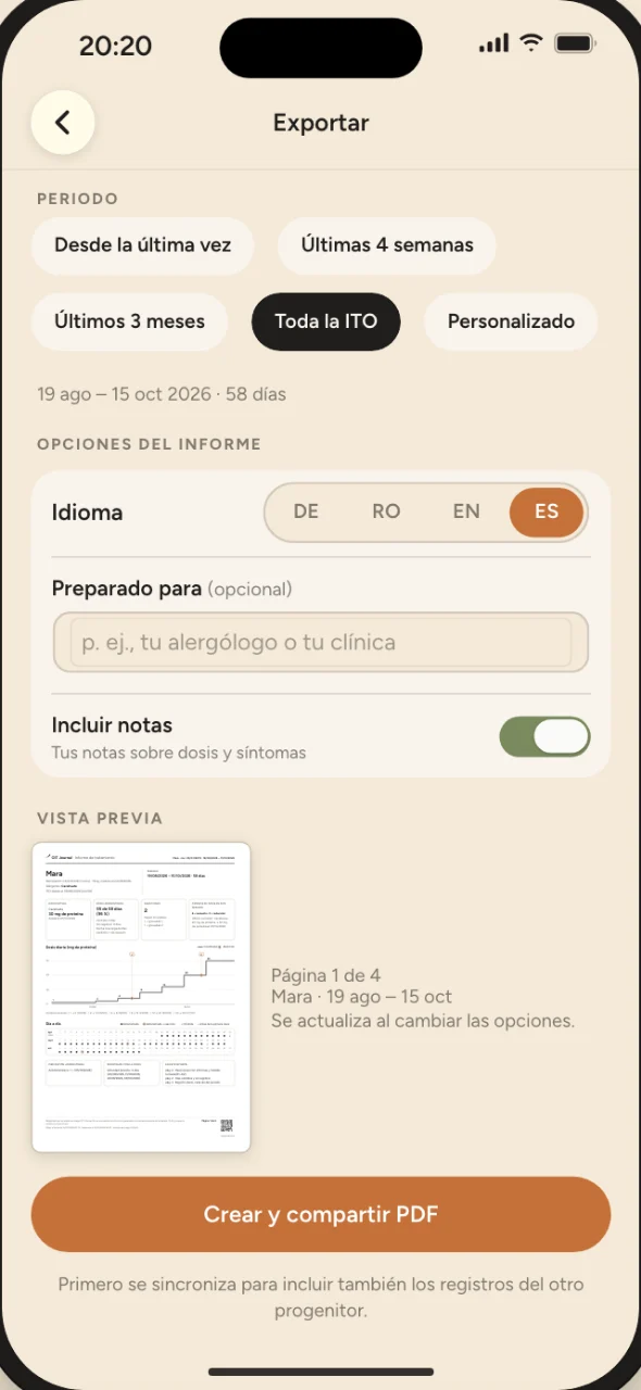 La pantalla Exportar: periodo «Toda la ITO», del 19 ago. al 15 oct. 2026, 58 días, idioma del informe español, «Incluir notas» activado, una vista previa de la página 1 de 4 y el botón «Crear y compartir PDF».