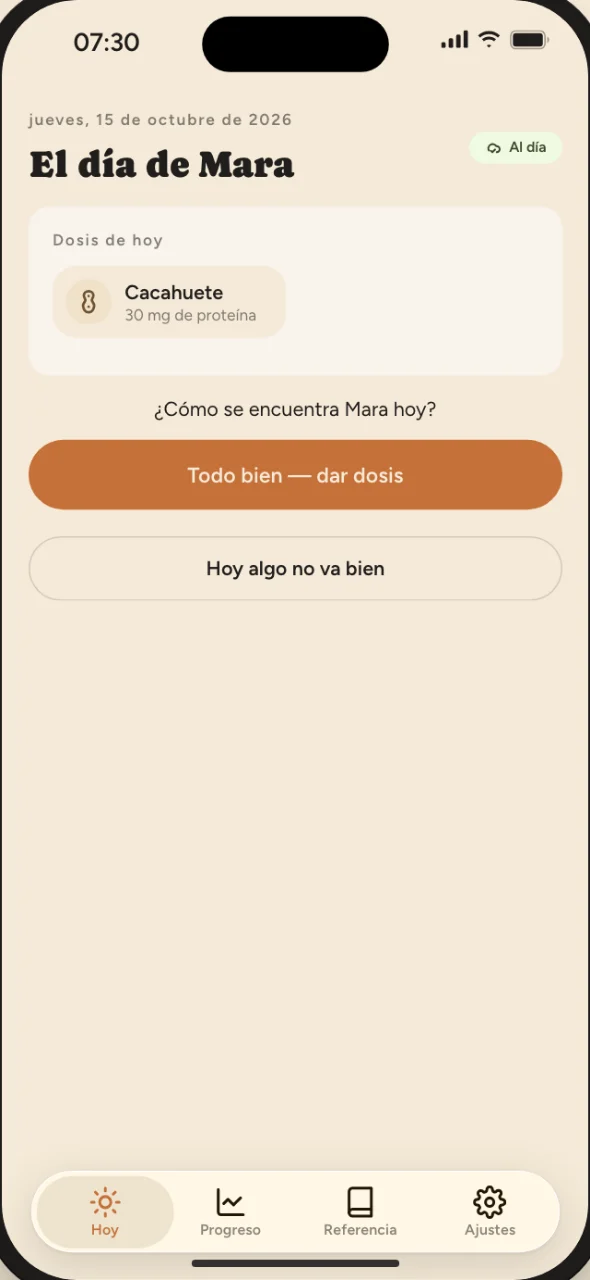 La pantalla Hoy de OIT Journal a las 07:30: la dosis de cacahuete de Mara, 30 mg de proteína, aún sin dar, con la pregunta «¿Cómo se encuentra Mara hoy?», el botón «Todo bien — dar dosis» y «Hoy algo no va bien».